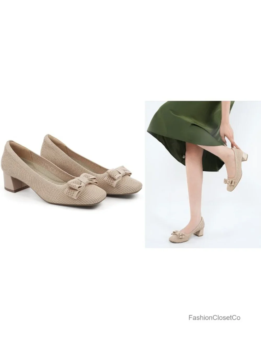 Women's Chunky Block Heel Pumps Square Toe Bow Slip-On Knit Comfort Dress Shoes